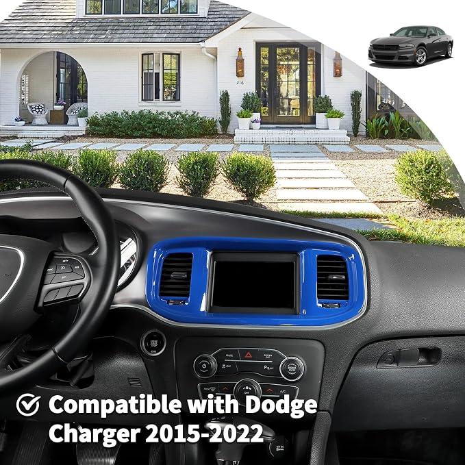 JWWY Charger Center Consoles Dash Board Trim Dashboard DVD Navigation Screen Frame Instrument Cover Trim for 2015-2024+Dodge Charger Interior Accessories Blue