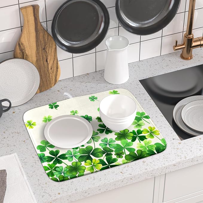 Spring Sage Green Shamrocks Drying Mat 16x18 Inch St. Patrick's Day Irish Shamrock Clover Dish Rack Pad Super Absorbent Dish Drainer Mat Dish Drying Pad Mats Protector for Kitchen Counter Coffee Bar