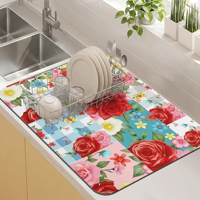 Kitchen Countertop Dish Drying Mat,Super Absorbent Coffee Bar Mat for Maker Espresso Machine, Anti-Slip Accessories for Kitchen Countertops 24x18 Inch