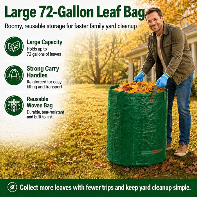 Leaf Scoops Hand Rakes, Leaf Claws & Leaf Grabbers for Yard Work with 72-Gallon Reusable Leaf Bag, 2 Pairs Adult Garden Gloves & Soft Handle Covers, Yard Cleanup Kit for Leaves