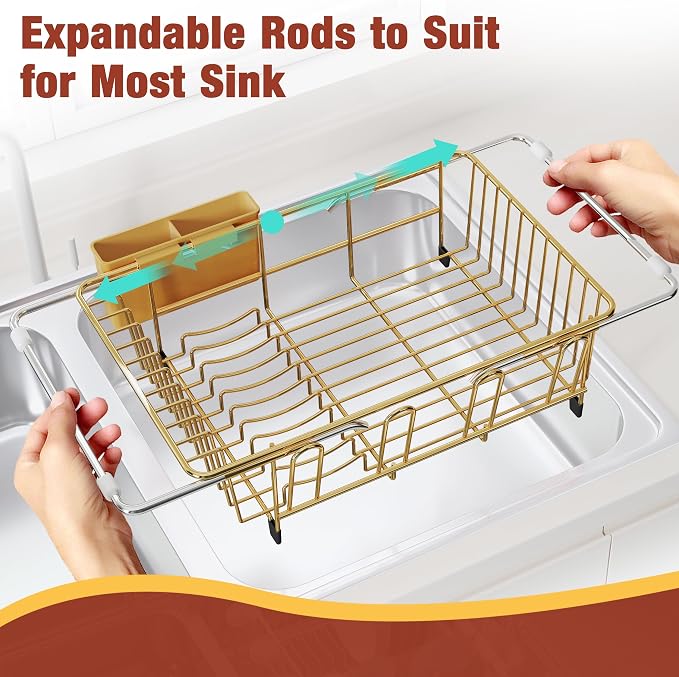 JASIWAY Gold Dish Drying Rack in Sink, Expandable Stainless Steel Dish Drainers for Kitchen Counter, Dish Dryer Rack for Inside Sink, Over The Sink Dish Racks with Utensil Holder