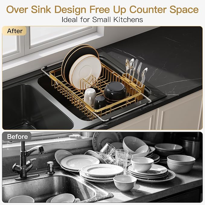 JASIWAY Expandable Stainless Steel Gold Dish Drying Rack Over The Sink for Small Kitchen, Counter Space Saving Compact Plate Drainer Strainer, Adjustable Hanging Metal Dish Dryer with Utensil Holder