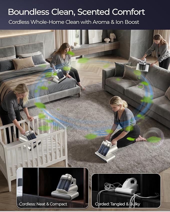 Teant Cordless Mattress Bed Vacuum, 18kPa Suction & LED Display, Model MV01 | Cordless 2-Speed Bed Vacuum, 33000RPM Roller Brush, 253.7nm UV-C, Ultrasonic, HEPA, 149°F Heat, Aroma, Anion for Bed Sofa