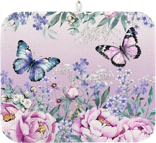 Dish Drying Mat for Kitchen Counter 18x24 Inch, Super Absorbent Dish Drainer Mat, Decorative Microfiber Dishes Drying Pad-Large(Purple Butterfly)