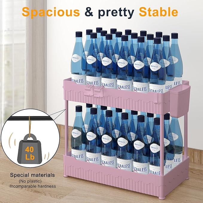 Sevenblue 2 Pack Under Sink Organizer, Under Bathroom Cabinet Organizer with Hooks Hanging Cup, Multi-Purpose Storage Shelf for Kitchen Bathroom (Pink, 14.8 Inch)