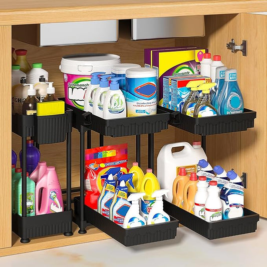 Sevenblue 3-Pack 2-Tier Under Sink Organizers with Sliding Drawers | Multi-use kitchen & bathroom storage, 14.8 inch 2-Tier Sliding cabinet organizer, space-saving sliding drawer design.