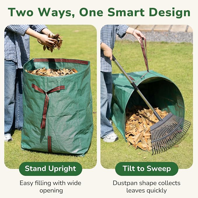 GreatBuddy Leaf Rake and Leaf Bags Combo, Adjustable Metal Garden Rake 29''-72'' 25 Tines, 2 Pack 72 Gallon Reusable Yard Waste Bags, Heavy Duty Lawn Rake with Dustpan Leaf Collector for Yard Cleanup