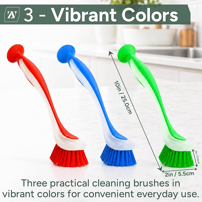 Zuvo Dish Brush Set of 3 with Suction Cup – Dish Scrubber & Cleaning Brush | Long-handle kitchen scrub brush, PET bristles, for dishes, pots, pans, sink & cast iron, 3 assorted colors, suction base