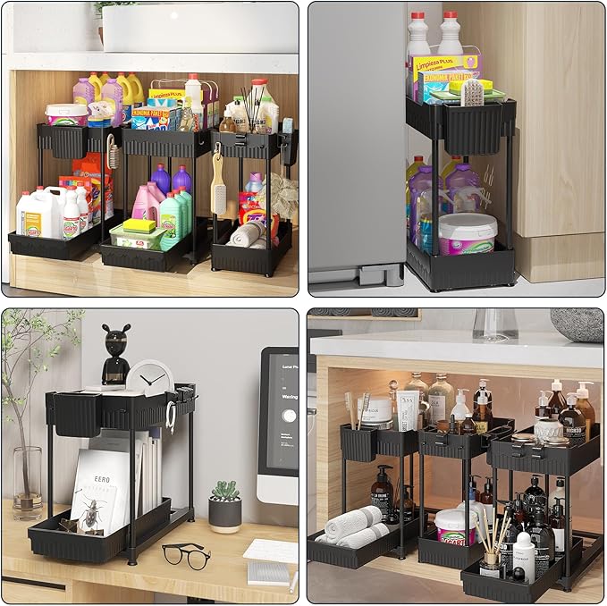 Sevenblue 3-Pack 2-Tier Under Sink Organizers with Sliding Drawers | Multi-use kitchen & bathroom storage, 14.8 inch black cabinet organizer, space-saving sliding drawer design.