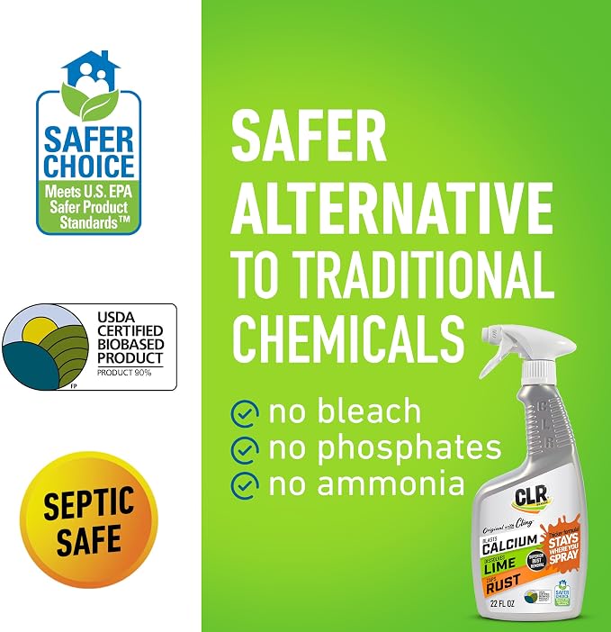 CLR Brands Calcium, Lime & Rust Remover with Cling, 22 oz. Spray Bottle, Adheres to Hard-to-Reach Surfaces, Blasts Calcium, Dissolves Lime Deposits, Zaps Stubborn Rust Stains and Hard Water Deposits
