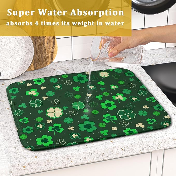 Happy St. Patrick's Day Dish Drying Mat for Kitchen Green Lucky Shamrock Clover Dish Drying Mat for Dishes Spring Irish Drying Mats 18x16 Inch Absorbent Reversible Dish Pad for Countertop Coffee Bar