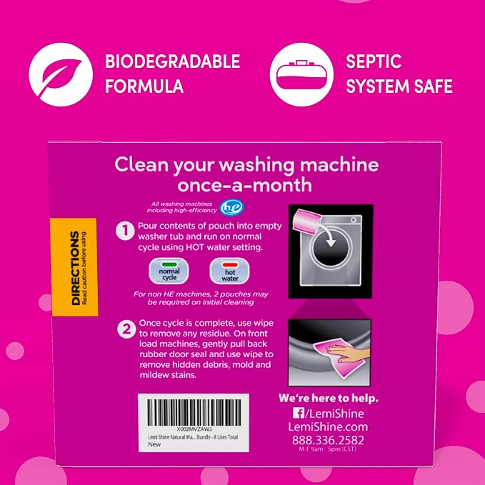 Lemi Shine Washing Machine Cleaner Plus Machine Wipes - 16.88 oz (8 Pack) | Hard Water Citric Acid Cleaning Powder - Includes Machine Cleaning Wipes