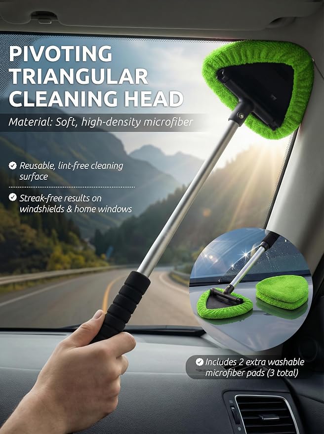TAKAVU Window & Windshield Cleaner, Extendable, 3 Microfiber Pads (Green) | Pivoting Triangle Head Wiper Cleans Interior & Exterior Glass, 3 Washable Reusable Bonnets, Lint-Free
