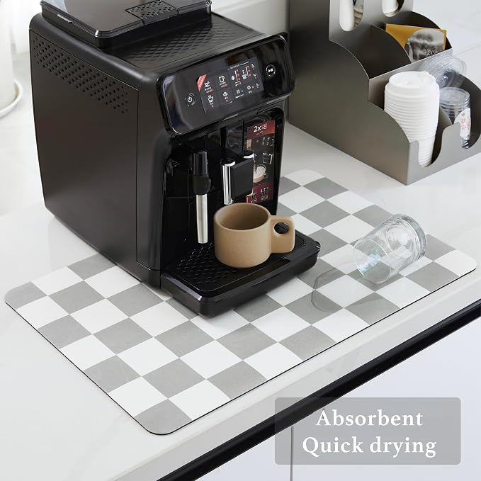 Ohocut Checkered Dish Drying Mat for Kitchen Counter, Coffee Bar Station Accessories, Retro Cute Aesthetic Modern Absorbent Drainer Mat Kitchen Drying Mat Easy Clean, Grey 12" x 19"