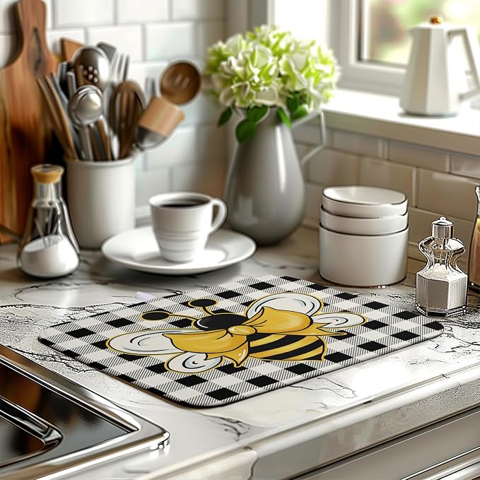 Summer Bumble Bee Drying Mat for Kitchen Counter 16×18 Inch Black White Buffalo Check Honey Bee Print Dish Drying Mats Kitchen Accessories Dish Rack Mat