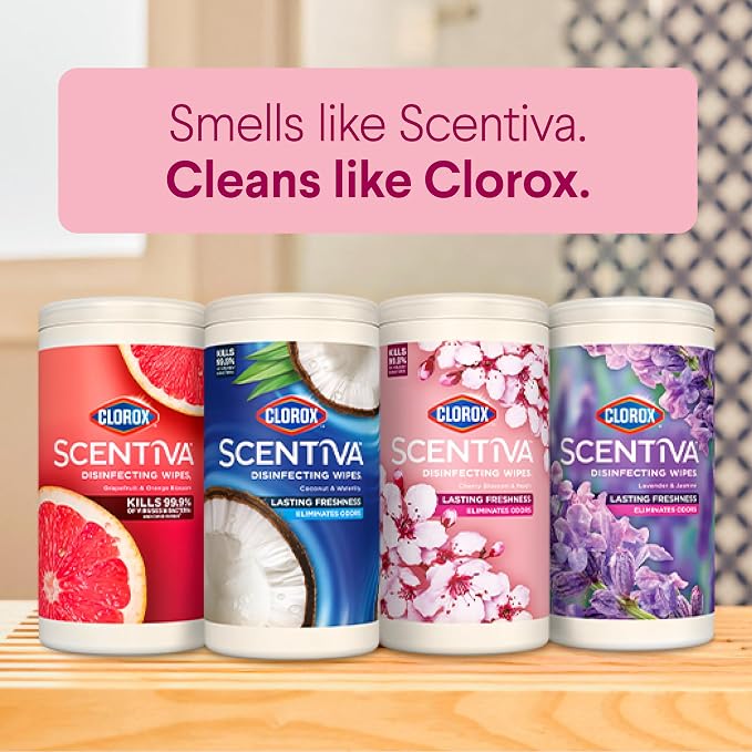 CLOROX Scentiva Disinfecting Wipes Bundle, Coconut and Waterlily, Grapefruit and Orange Blossom, Lavender and Jasmine, Cherry Blossom and Peach, 75 Count Each (Package May Vary
