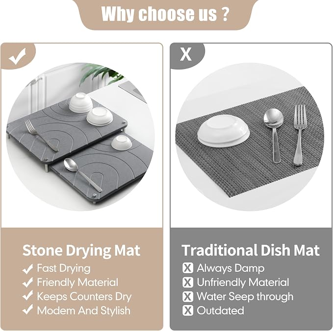 CZWL&HG 2 PCs Stone Dish Drying Mats for Kitchen Counter-Diatomaceous Dish Drying Mats Superb Absorbent with Non-Slip Stainless Steel Feet,Heat Resistant,15.7"(L)×11.8"(W)