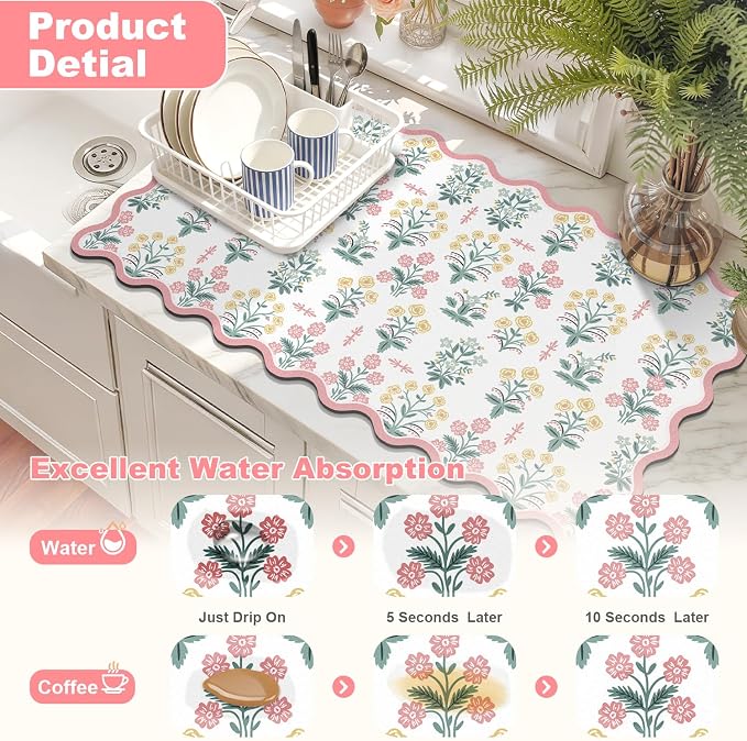 LOKHOM Scalloped Floral Dish Drying Mat, 17"x32" Super Absorbent Coffee Mat with Unique Pink Pastoral Floral, Cuttable Hide Stain Non-slip Drying Mat for Kitchen Counter Coffee Maker Espresso Machine