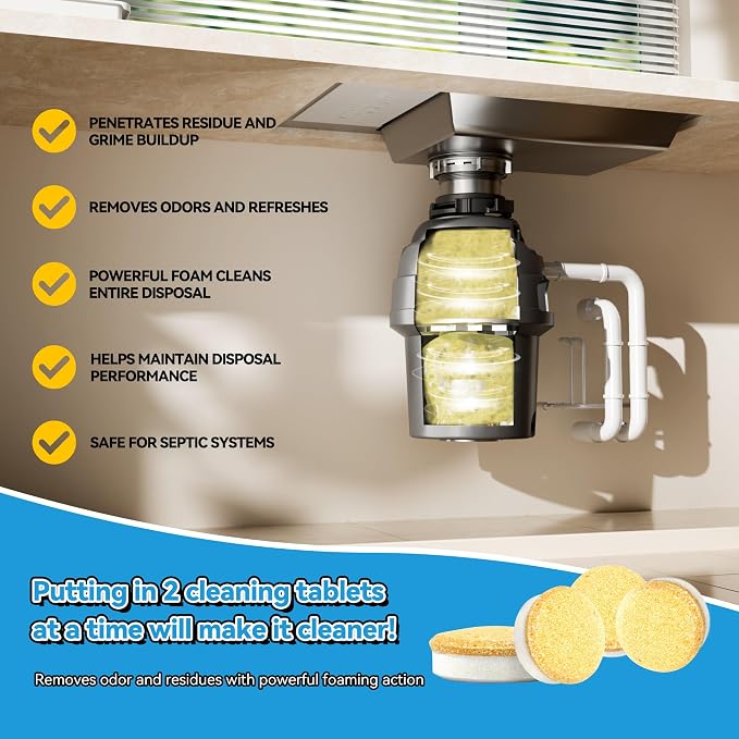 Garbage Disposal Cleaner Deodorizer Tablets 24 Pack Dishwasher cleaning supplies Washing Machine Fresher Sink Drain Kitchen Drain Cleaning Care Odor Disposer With Foaming Action