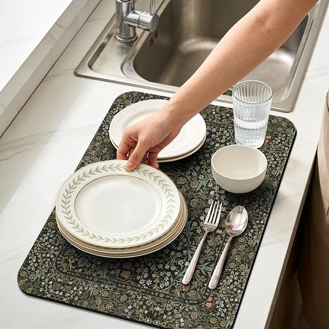 Dish Drying Mat for Kitchen Counter 17x32 Inch, Boho Quick Dry Coffee Mat | Made of super absorbent diatomite that quick dries dishes, coffee machine & sink area. Non-slip rubber base for countertop
