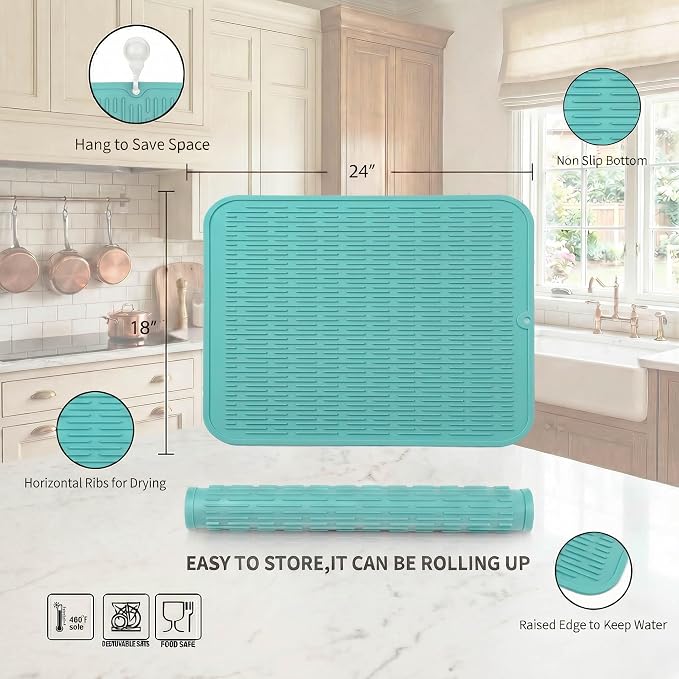 MicoYang Silicone Dish Drying Mat for Multiple Usage,Easy clean,Eco-friendly,Heat-resistant Silicone Mat for Kitchen Counter or Sink,Refrigerator or Drawer Liner Mint 2XL 24 inches x 18 inches