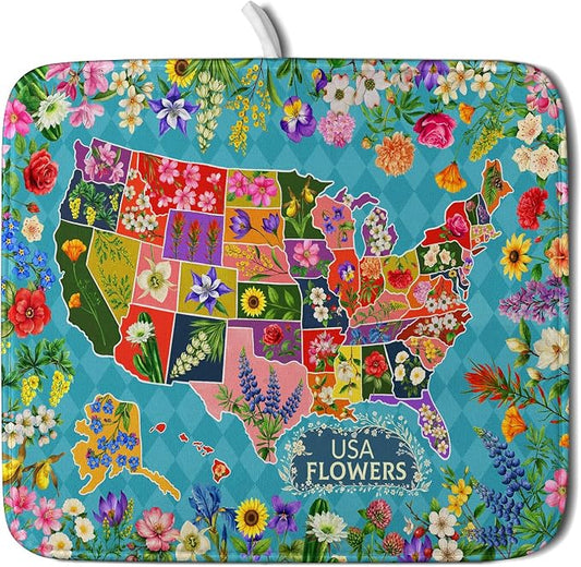 Flower Map Dish Drying Mat American Floral Decoration Coffee Mat for Kitchen Counter