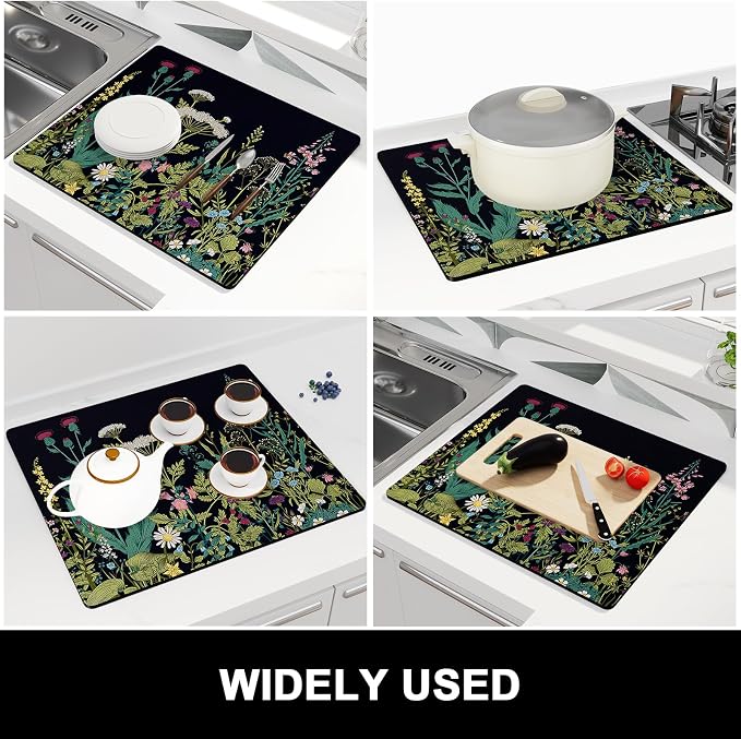 Rnivvi Dish Drying Mat for Kitchen Counter, 16 x 18" Cute Flower Theme Absorbent Heat Resistant Drying Pad with Non-slip Rubber, Coffee Bar Mats for Dish Rack Kitchen Decor Accessories, Black