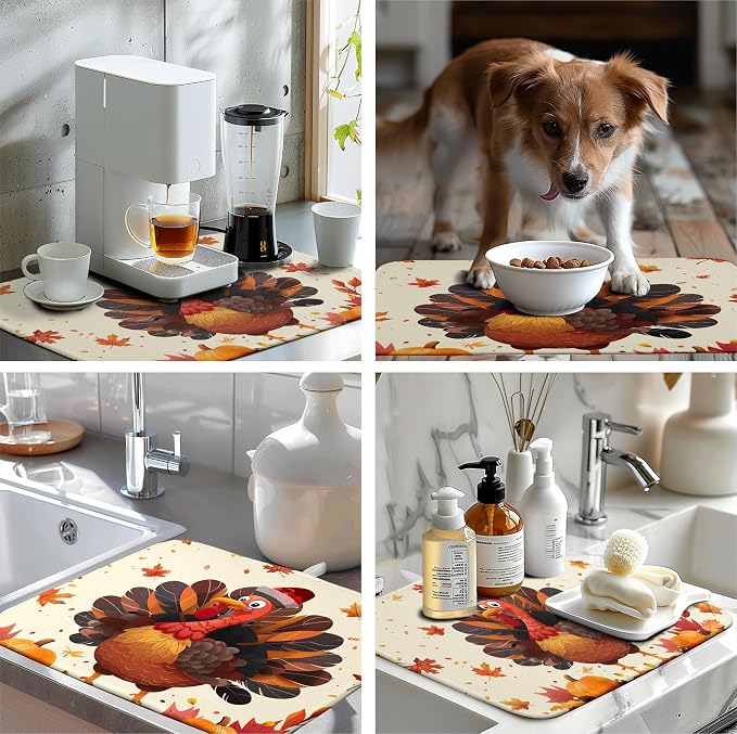 Happy Thanksgiving Dish Drying Mats for Kitchen Counter Autumn Fall Turkey Maple Leaves Pumpkin Drying Mat 18 x 24 Inch Microfiber Absorbent Dish Drying Pad Washable Dish Drainer Mats for Coffee Bar