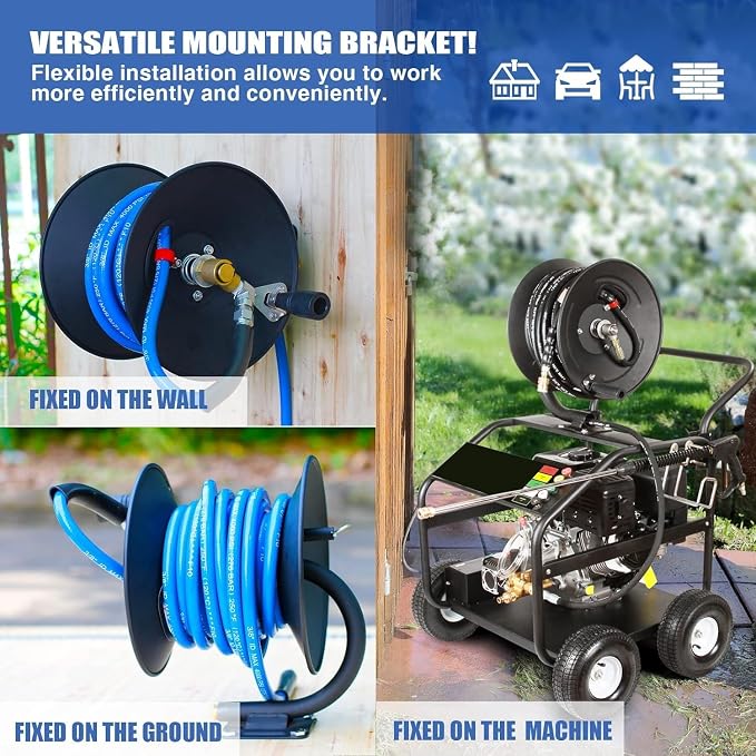 MEKOH Pressure Washer Hose Reel 50ftx3/8” / 65ftx1/4”, 4000PSI Heavy Duty Power Washer Hose Reel with M22-14 Fitting, Hand Crank Metal Reel with Wall/Trailer/Van Mount, Manual Hose Reel for Water