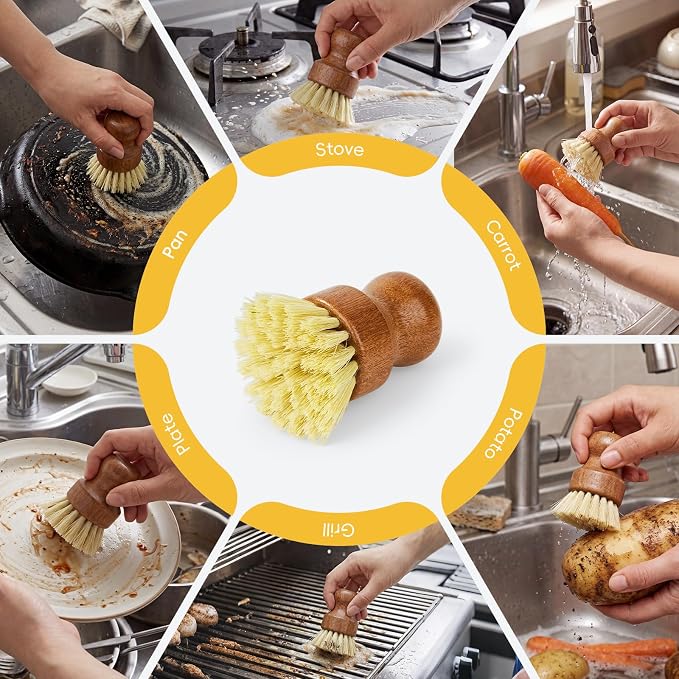 DEBETOOL 3-Pack Wooden Dish Brush - Natural Dish Scrubber & Vegetable Brush with Sisal Bristles, Kitchen Scrub Brush for Pots Pans & Vegetables