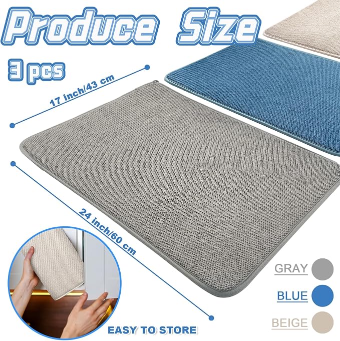 3 Pack XXL Dish Drying Mats,24×17" Absorbent Microfiber Dishes Drainer Mats,Large Size Pads for Kitchen Counter,Coffee,Rack,Under Sink(Beige,Blue,Gray)