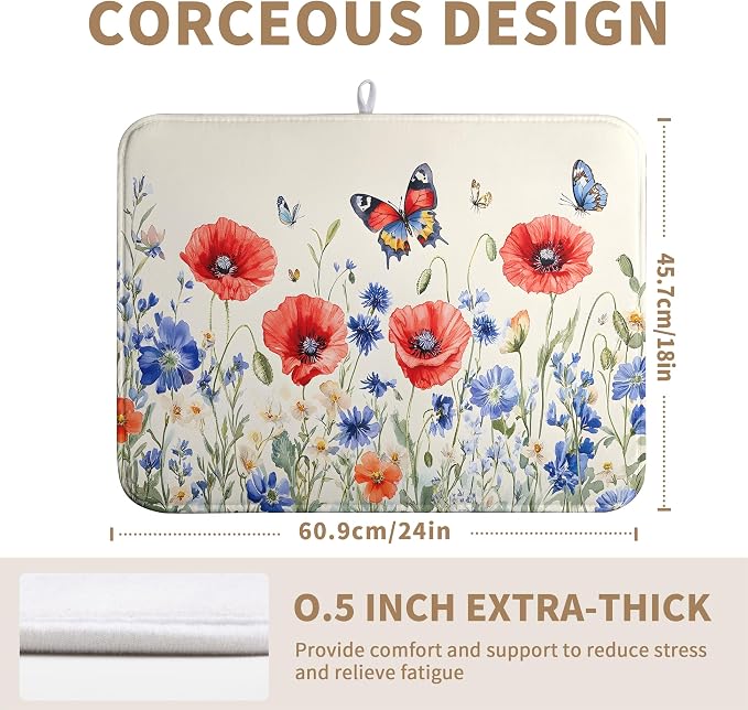 Patriotic Dish Drying Mats for Kitchen Counter 4th of July Kitchen Dishes Dryer Pad Red Blue Flowers Absorbent Dish Mat Microfiber Washable Foldable Reusable Large 18x24 in