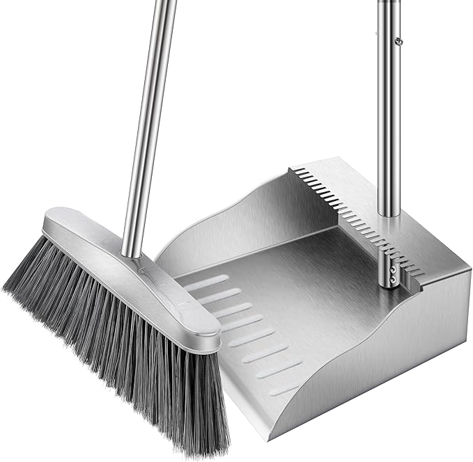 Dustpan with Broom Set,Long Handle Stainless Steel Dustpan and Broom Combo | Heavy Duty Metal Standing Dust Pan with Teeth & Soft Bristles Broom,Indoor Outdoor Dust Pan Broom for Home Office Lobby Floor