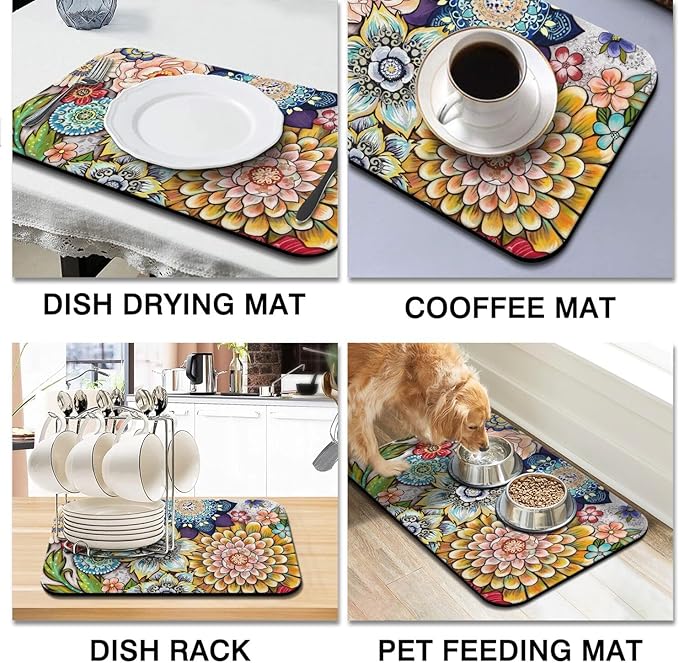 Dish Drying Mat 2-Pack with Mandala for Kitchen Counter Absorbent Dishes | Diatom Mud Mats (18x24, 19.5x12"). Non-slip rubber back for kitchen counter, coffee bar & sink scenes