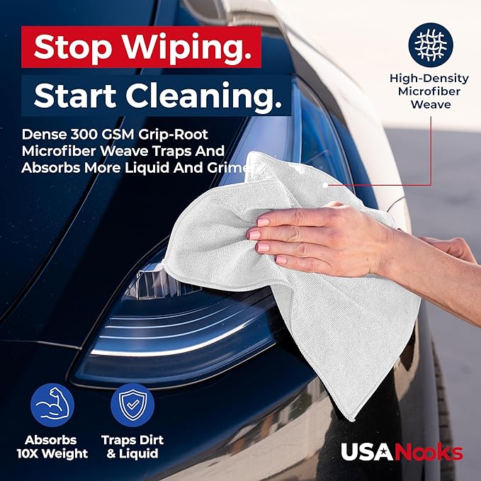 USANOOKS Microfiber Cleaning Cloth - White - 50Pcs (12.5x12.5 inch) High Performance - 1200 Washes, Ultra Absorbent Car Towel Traps Grime & Liquid for Streak-Free Mirror Shine - Car Washing Cloth