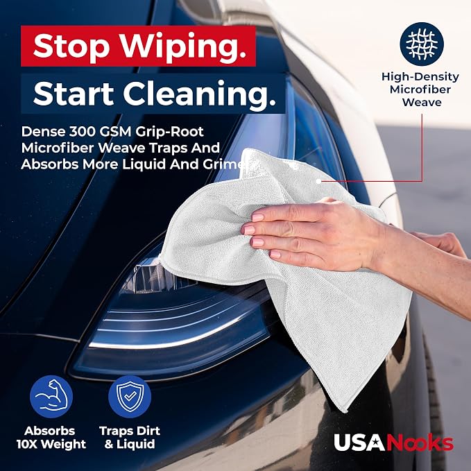 USANOOKS Microfiber Cleaning Cloth - White - 12Pcs (12.5x12.5 inch) High Performance - 1200 Washes, Ultra Absorbent Car Towel Traps Grime & Liquid for Streak-Free Mirror Shine - Car Washing Cloth