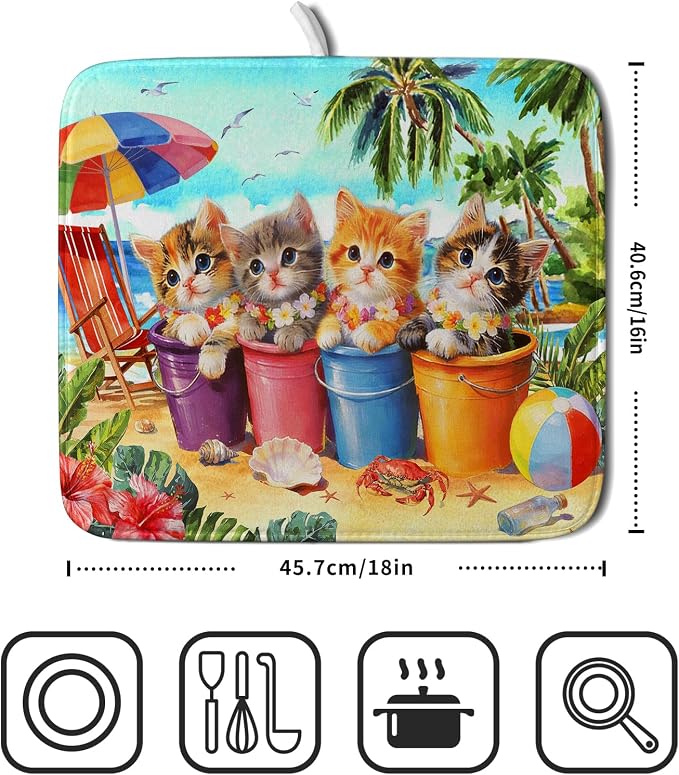 Lovely Cat Dish Drying Mat for Kitchen Counter Holiday Beach Absorbent Coffee Bar Mat 16 X 18 In