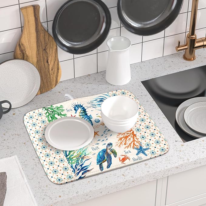 Giwawa Nautical Coastal Dish Drying Mat Sea Turtle Seahorse Dish Drainer Pad 16"x18" Microfiber Reversible Fast Dry Pad for Kitchen Counter Decor