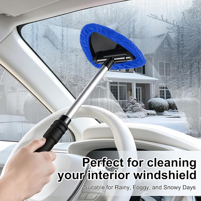JUSTTOP Windshield Cleaner Tool, Car Interior and Exterior Window Cleaning Kit with Extendable Handle & 4 Reusable Microfiber Pads, Auto Glass Wiper Brush Kit for Car & Home Windows (Blue)