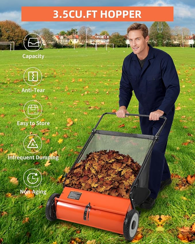 Garvee 21 Inch Push Lawn Sweeper, 3.5 Cu. Ft. Hopper Capacity Grass Sweeper, Manual Push Yard Sweeper with Height Adjustment & 4 Fast Spinning Brushes for Grass Clippings, Leaves & Debris, Orange | Manual Push Yard Sweeper with Height Adjustment & 4 Fa...