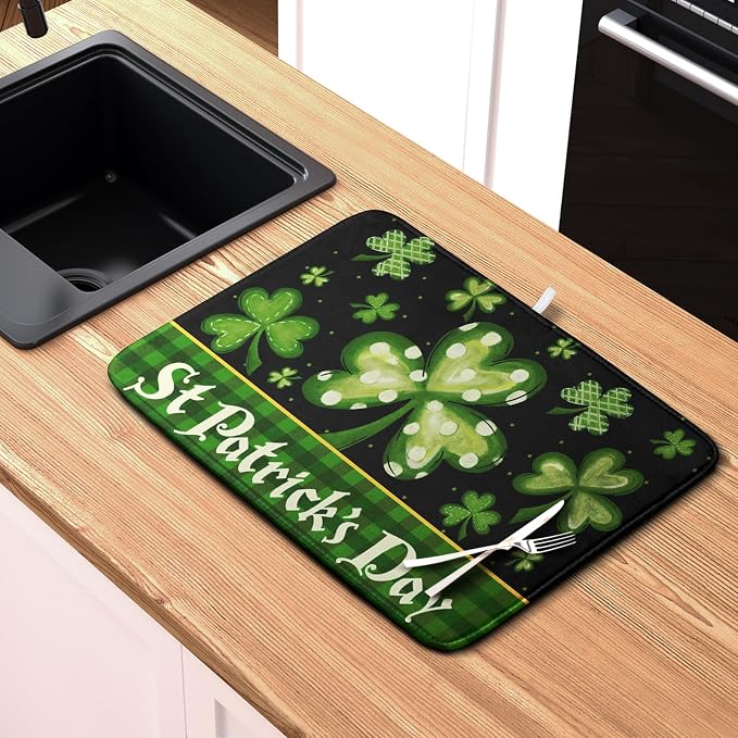 Happy St. Patrick's Day Kitchen Drying Mat Green Plaid Lucky Shamrock Clover Dish Drying Mat St Patrick's Day Super Absorbent Dish Dry Pad Microfiber Dish Drainer Mats for Kitchen Counter 18x24 Inch