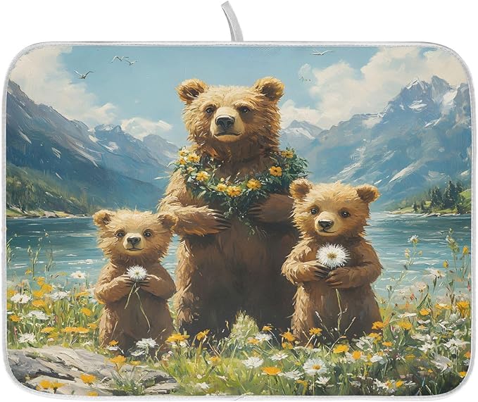 Three Bear Dish Drying Mat for Kitchen Ccounter Absorbent Microfiber Small Drying Pad Dandelion Wildflowers Dish Mats for Kitchen Countertops 16 x 18 Inch