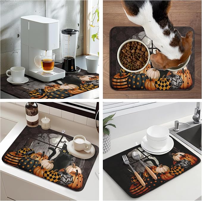 Halloween Black Cat Dish Drying Mat Fall Halloween Pumpkins Large Kitchen Mats Dish Drying Pad Absorbent Dish Dryer Mat for Kitchen Countertops Microfiber Drainer Pad Dish Drying Mats (18x24 in)