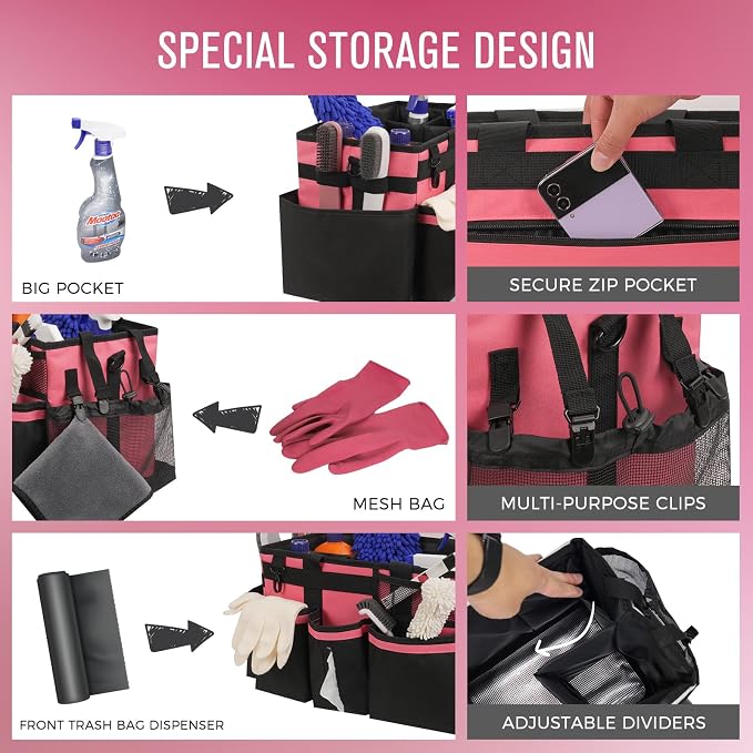 SCAVATA Wearable Cleaning Caddy, Cleaning Caddy Supplies Organizer with Handle & Shoulder Straps for Housekeepers, Under Sink & Car Cleaning Tool Organizers Bag with 4 Foldable Divider (OleanderRed)