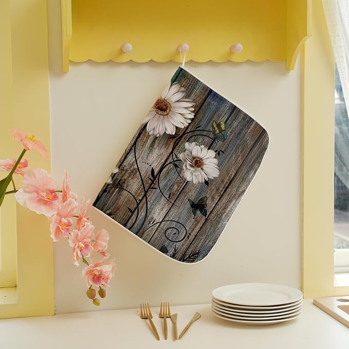Brown Dish Drying Mat 18x24 Inches For Kitchen Counter Absorbent Daisy Floral Kitchen Decoration Spring Summer Flower Drying Mat Pad For Home Kitchen,Dining Room,Office Decoration