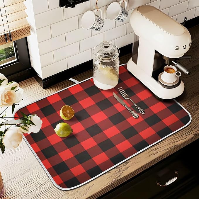 Christmas Red Black Buffalo Plaid Dish Drying Mat for Kitchen Counter Absorbent Microfiber Small Drying Pad Dish Mats for Kitchen Countertops 16 x 18 Inch