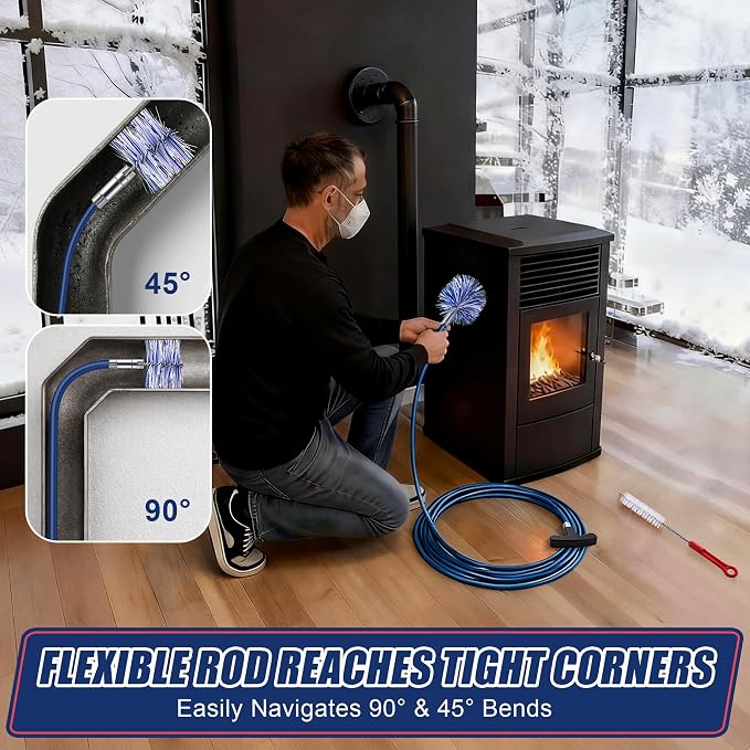 Dreyoo Pellet Stove Cleaning Brush Kit, 20 FT Flexible Steel Rod with 3" Brush Head, T Handle, Multi Purpose Flue Detail Cleaner, Nylon Stove Flue Pipe Kit for Pellet Furnace Exhaust Pipes