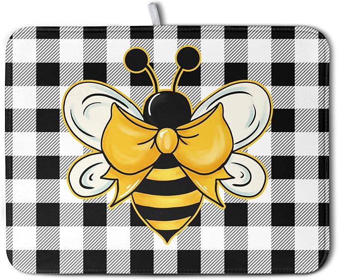 Bee Drying Mats for Kitchen Counter 18×24 Inch Black and White Buffalo Plaid Honey Bee Kitchen Drying Mats for Dishes Summer Microfiber Dish Pad Absorbent Dish Rack Mat