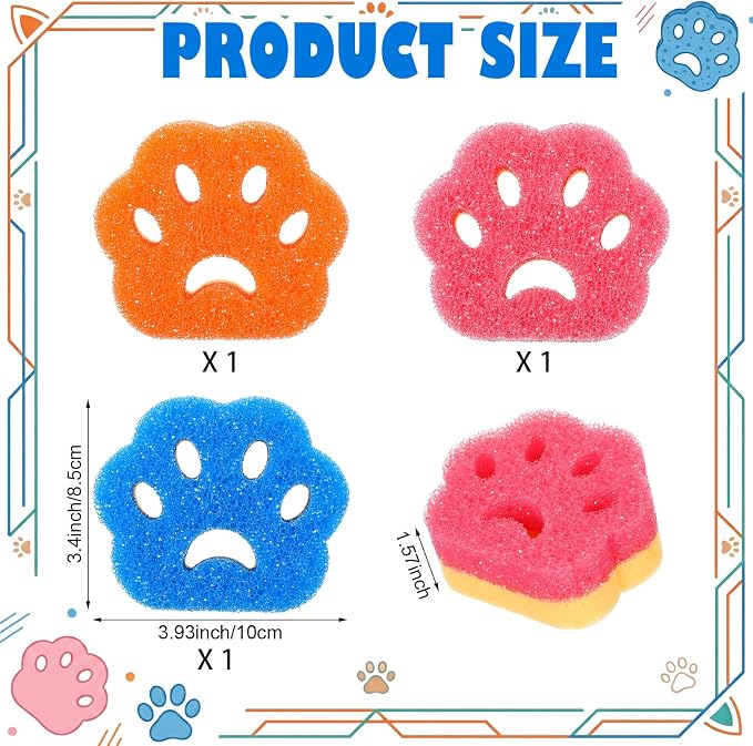 FillTouch 3 Pcs Dual Sided Scrub Sponge Multi Functional Cute Temperature Sensitive Non Scratch Dish Sponge for Washing Dishes Kitchen Bathroom (Cat Paw,Pink, Orange, Blue)