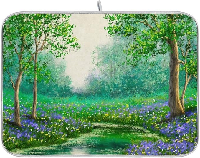 Absorbent Dish Drying Mat for Kitchen Counter - Green Tree Forest Microfiber Drying Pad, Reversible Drainer Mats for Countertop, Lager 18 x 24 inch